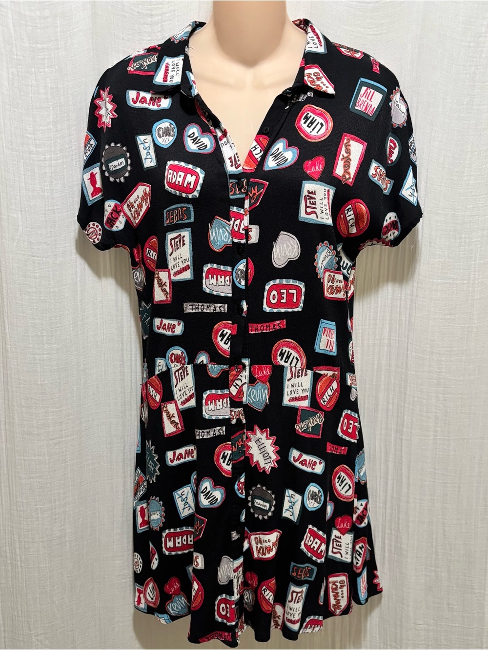 Retro Zara Trafaluc “Boys Names” shirt dress, black graphic print XS
